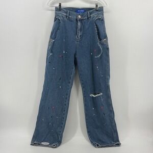 Ader Error Paint Splatter Distressed Straight Leg Jeans Blue Medium Wash A2